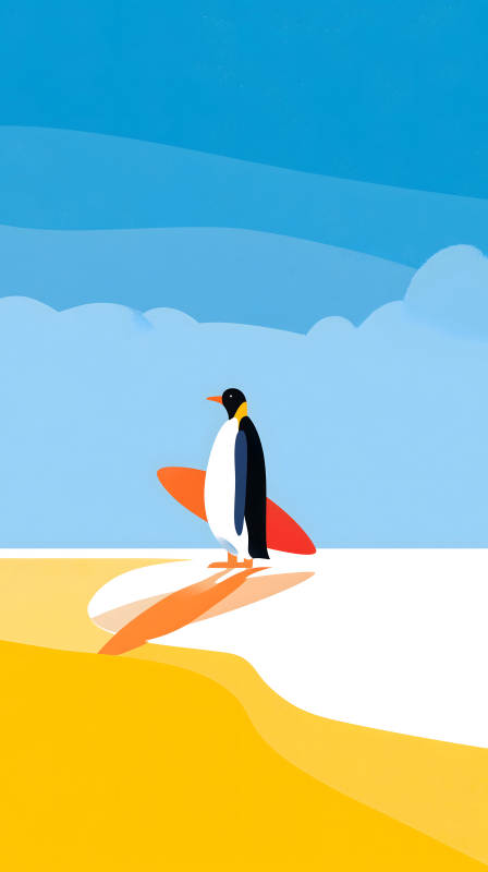 企鵝沖浪藍天白云沙灘-圖片