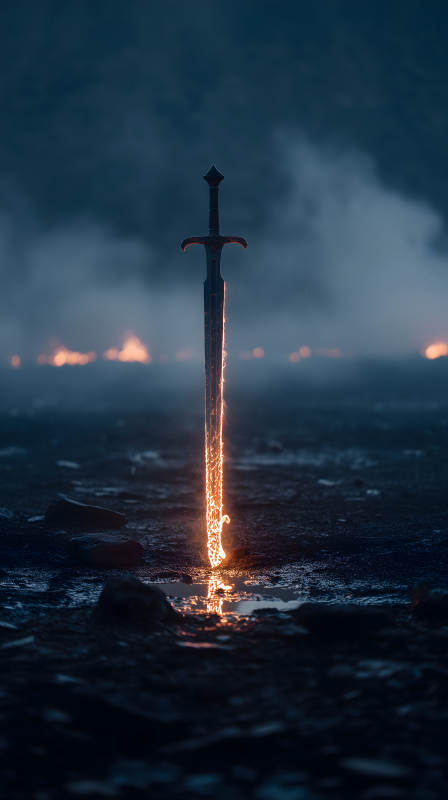 發光寶劍佇立黑夜-圖片