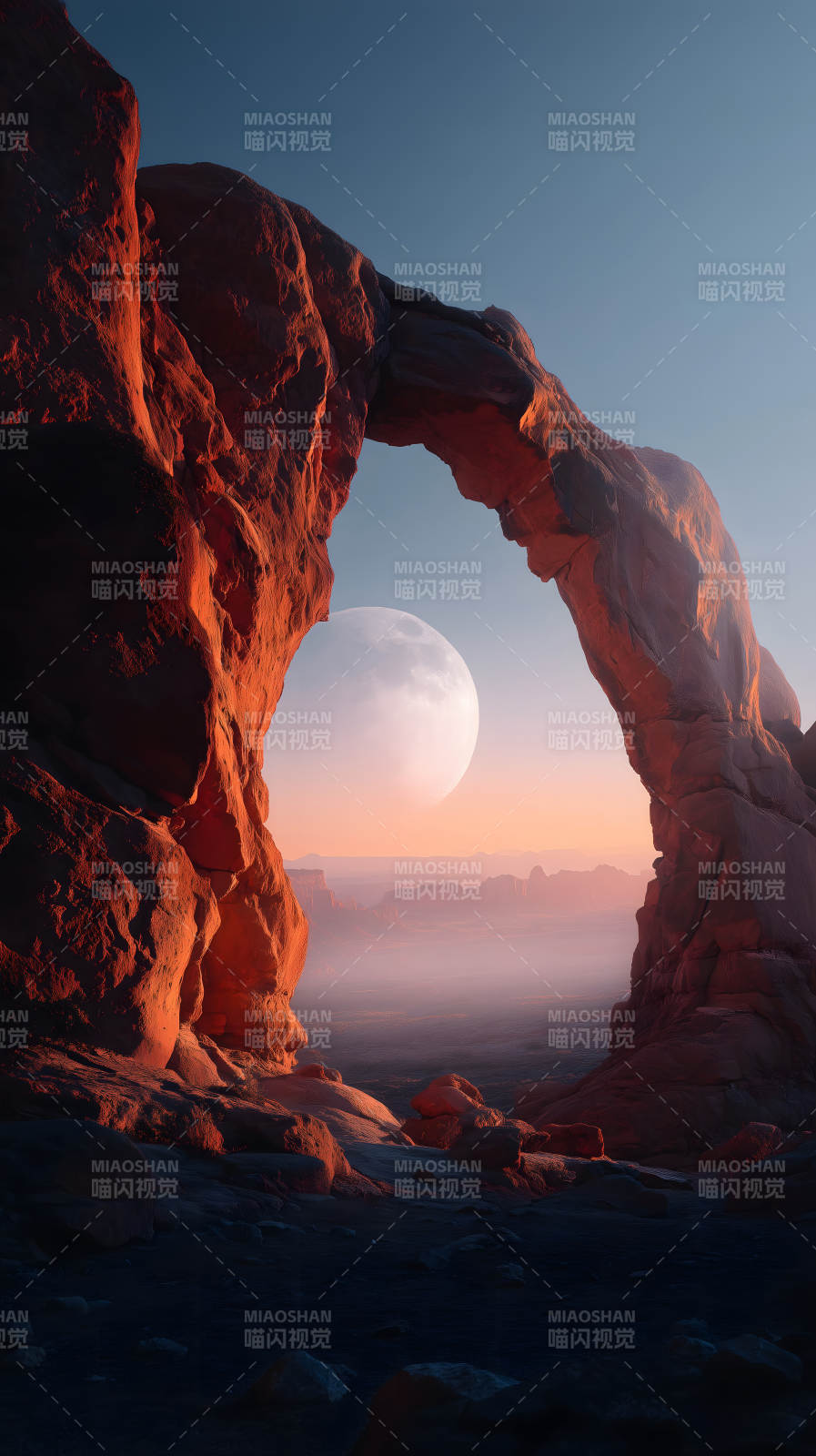 峽谷月亮下的巖石拱門-圖片