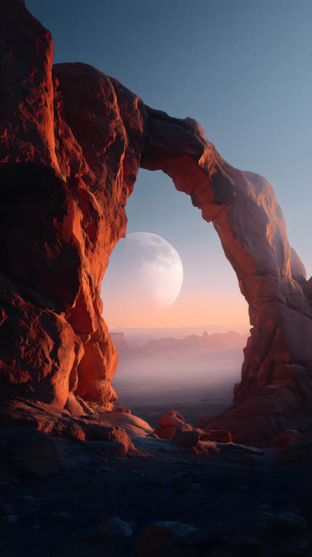 峽谷月亮下的巖石拱門-圖片