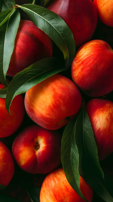 鮮艷蜜桃與綠葉特寫-圖片