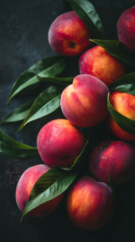 飽滿的桃子和綠葉-圖片