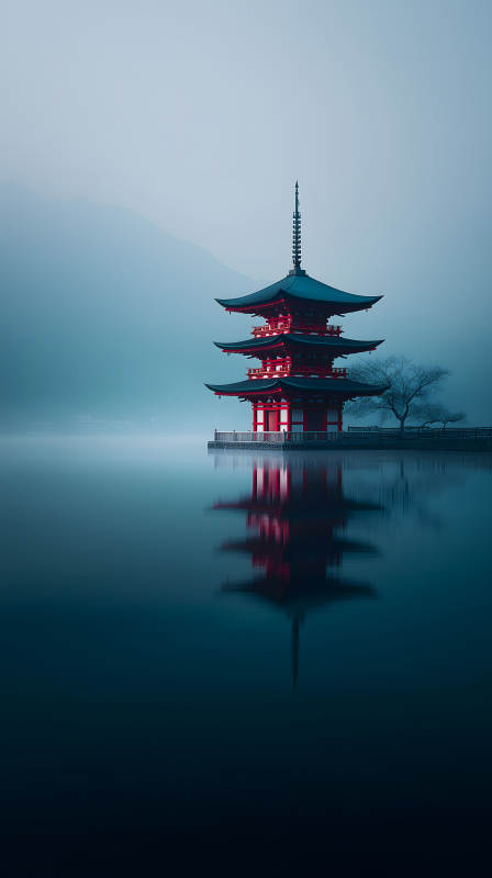 紅塔靜謐水面倒影-圖片