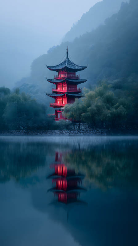 紅塔映湖霧氣彌漫-圖片