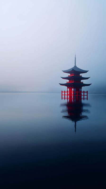湖中紅塔靜謐倒影-圖片