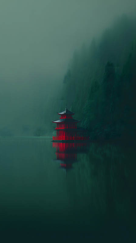 紅寺靜湖霧色-圖片