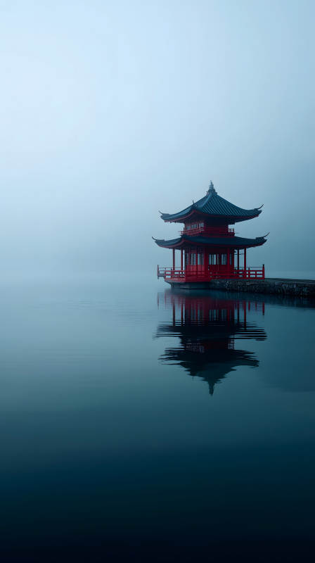水上紅亭靜謐倒影-圖片