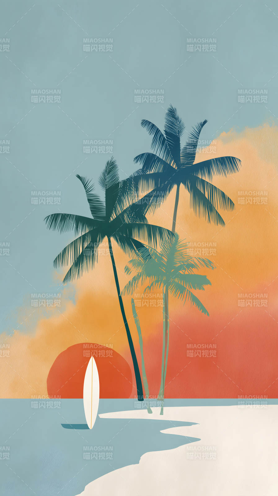 海滩夕阳椰树冲浪-图片