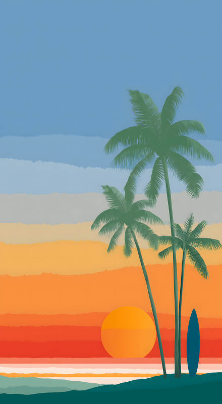 海滩夕阳棕榈树冲浪板-图片