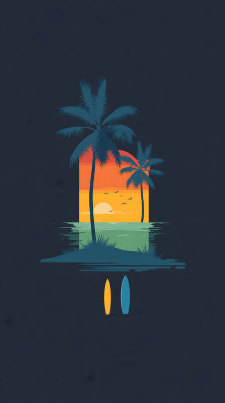 海灘日落椰樹沖浪-圖片