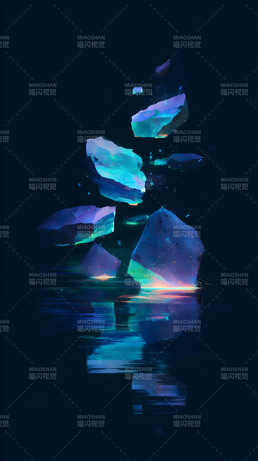 發光巖石墜入水中倒影-圖片