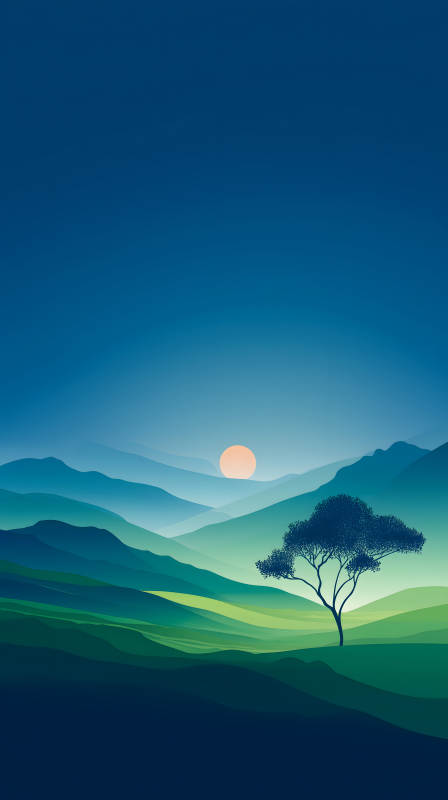 山脈樹木夕陽美景-圖片