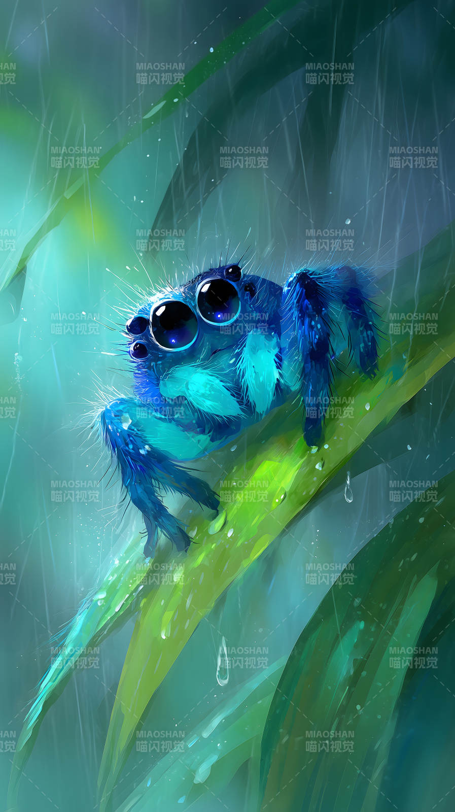 雨中可愛藍(lán)色蜘蛛-圖片