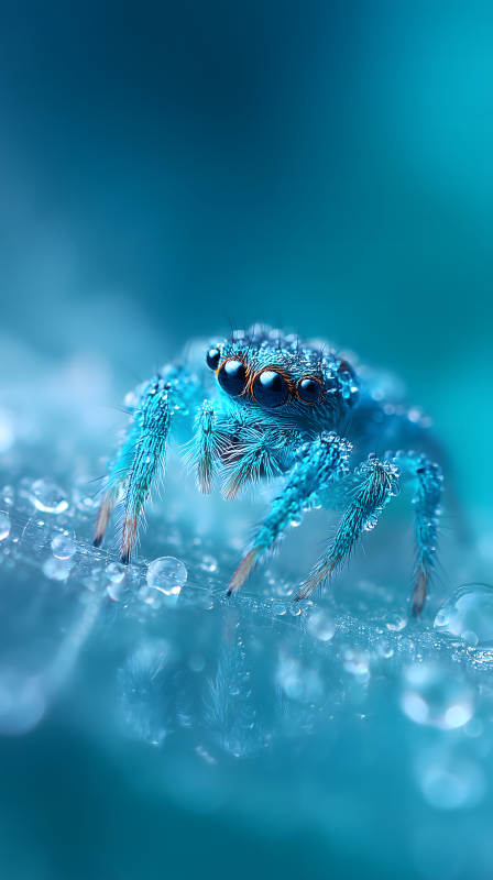 藍色蜘蛛水滴晶瑩剔透-圖片
