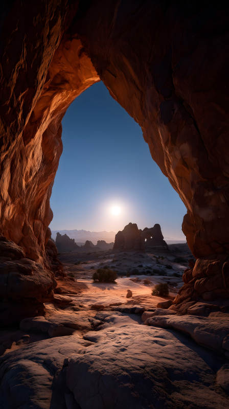 巖石拱門下的峽谷風光-圖片