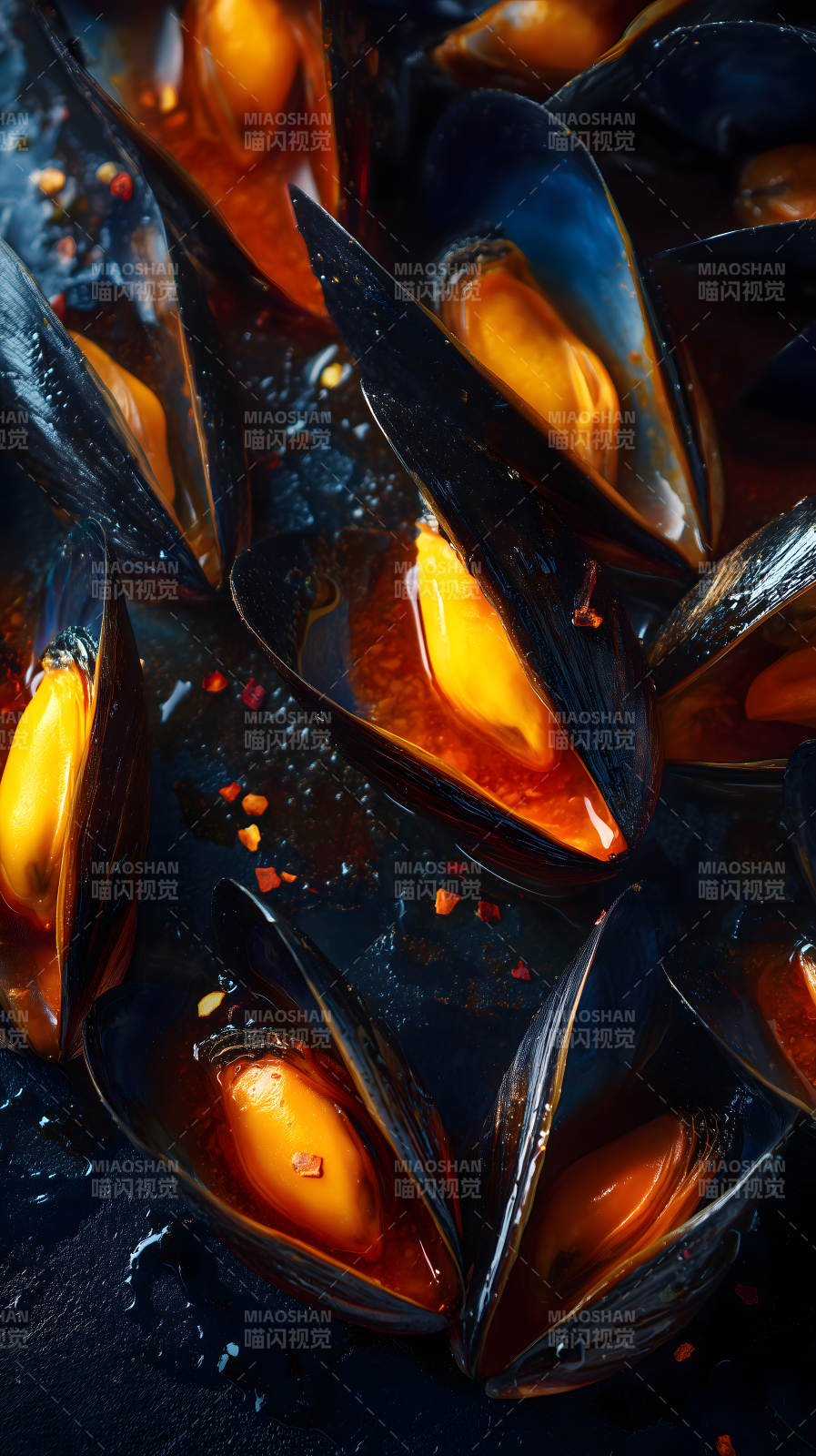 美味的煮熟的貽貝-圖片