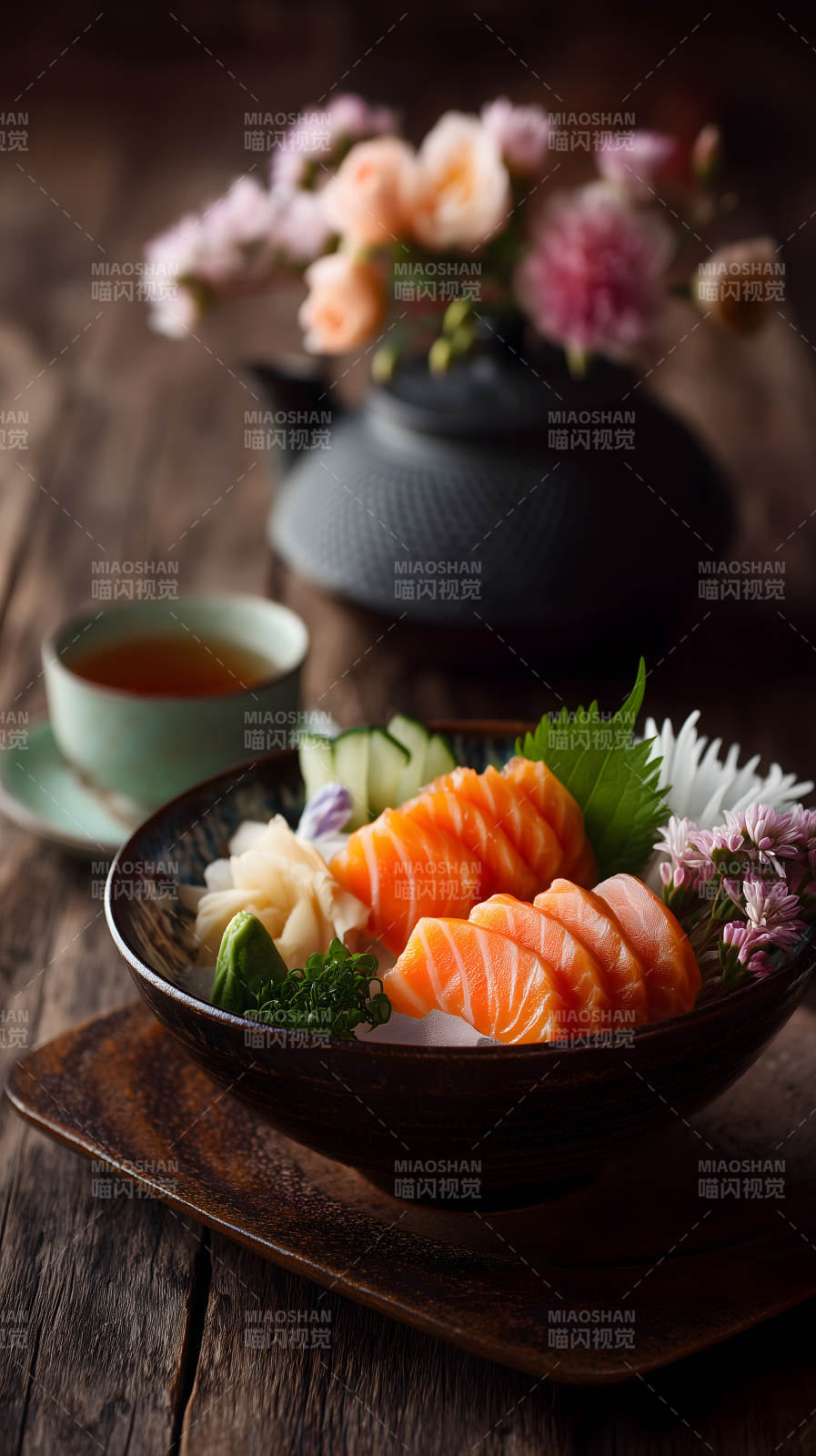 美味刺身搭配茶飲-圖片