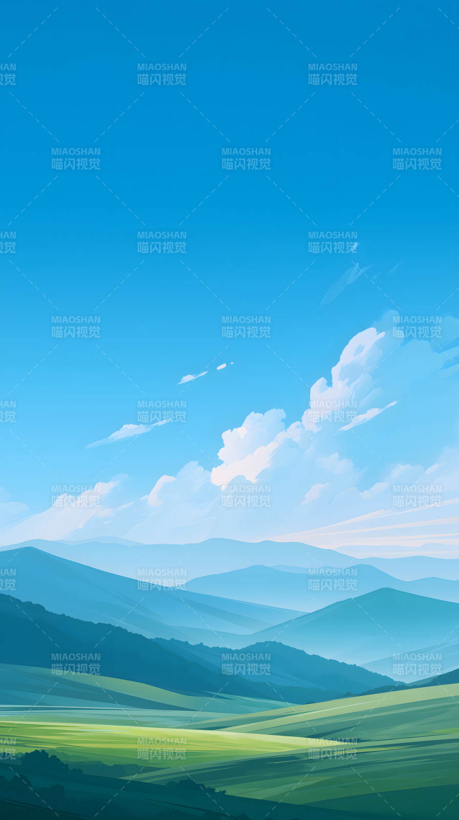 蓝天绿地山峦叠嶂风景画-图片