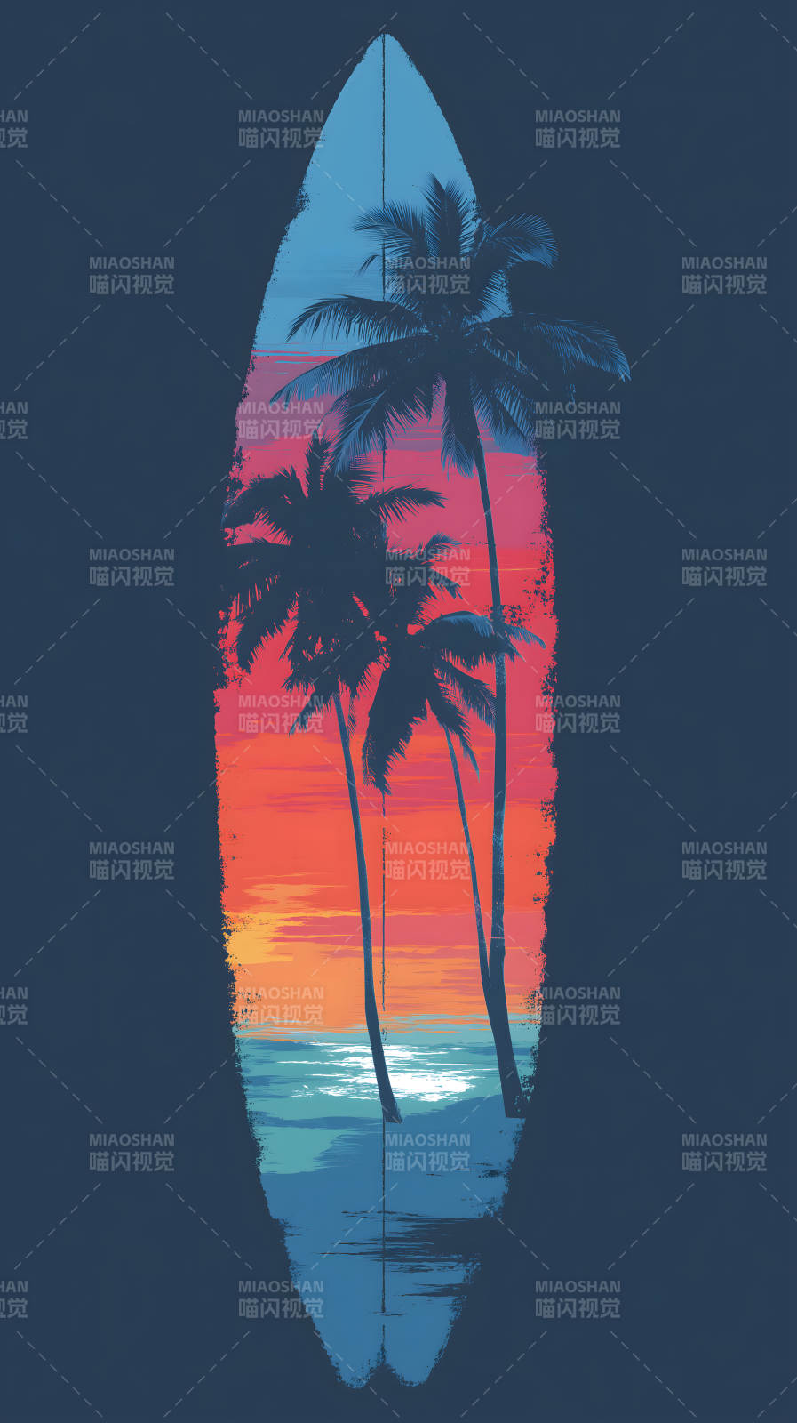 沖浪板夕陽椰樹剪影-圖片