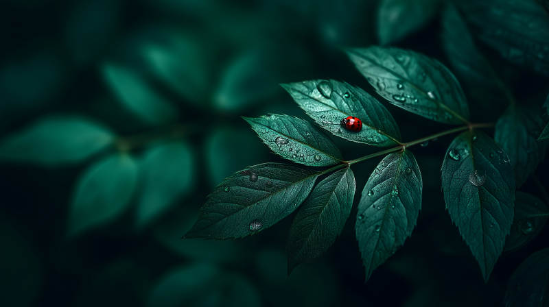 綠葉瓢蟲雨滴-圖片