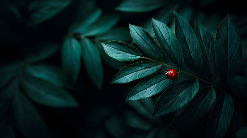 葉片上的瓢蟲微觀特寫-圖片