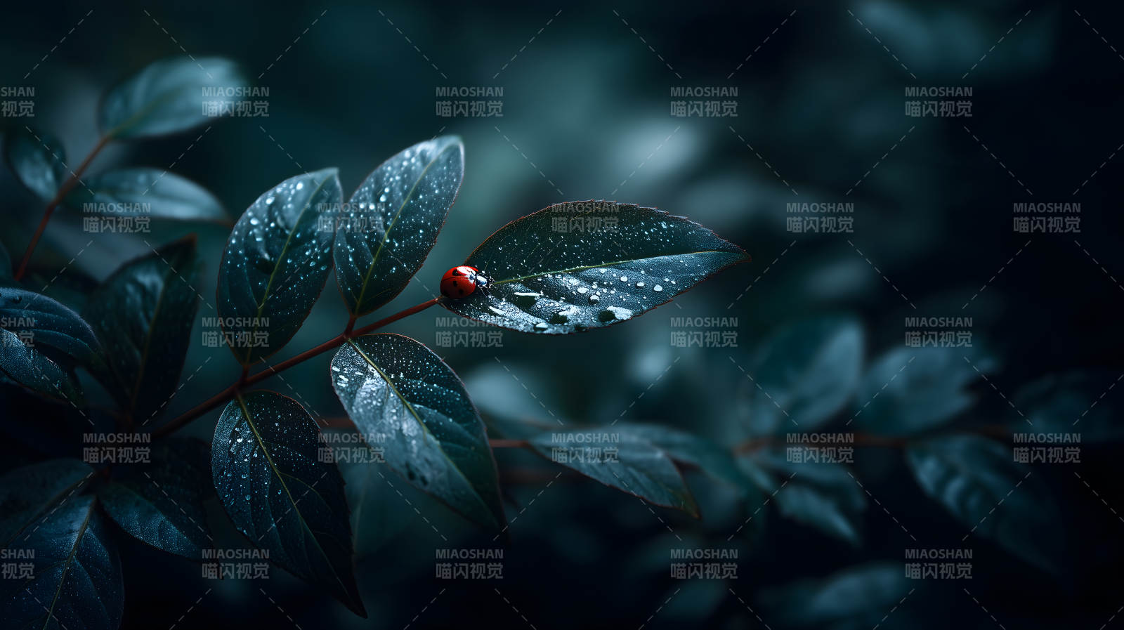 雨中葉片與瓢蟲-圖片