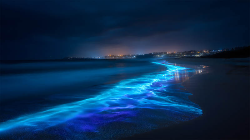 海灘夜景熒光閃爍-圖片