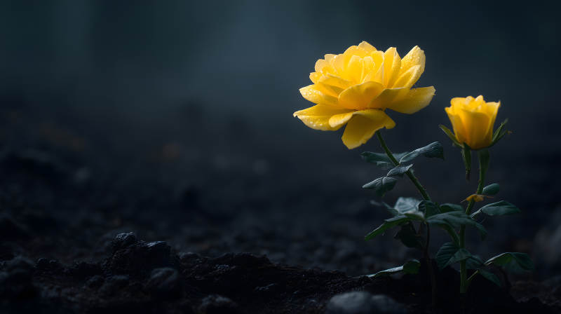 暗夜黃玫瑰綻放-圖片