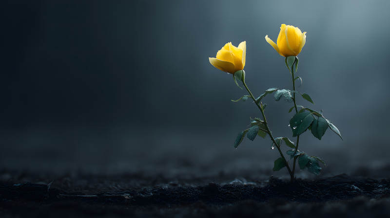 黄玫瑰绽放幽暗-图片