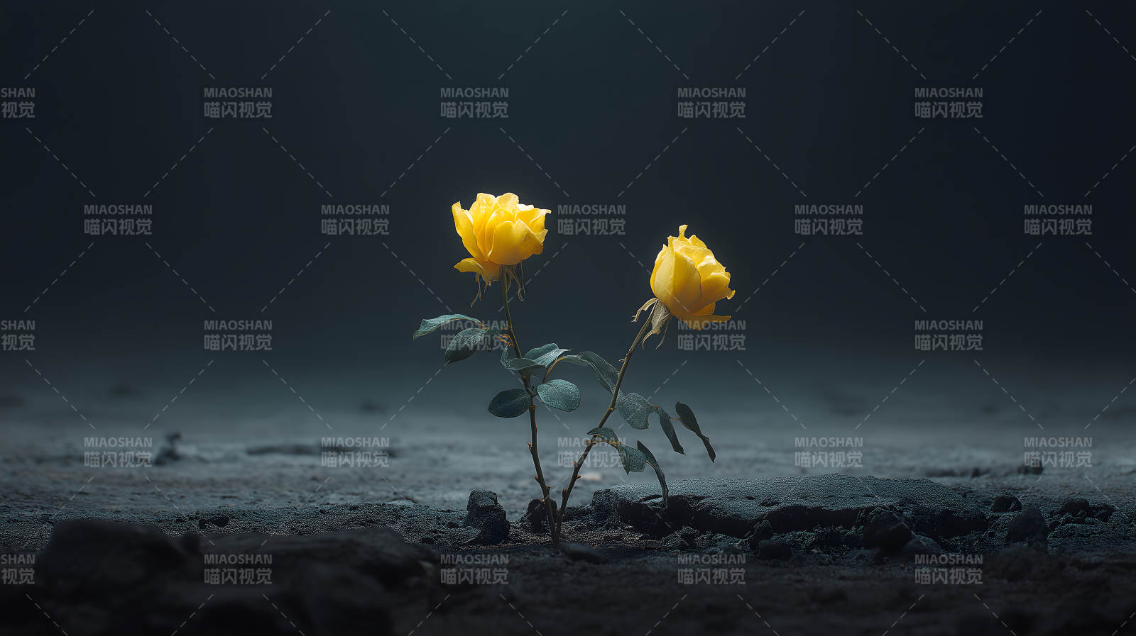 黑暗中绽放的黄玫瑰-图片