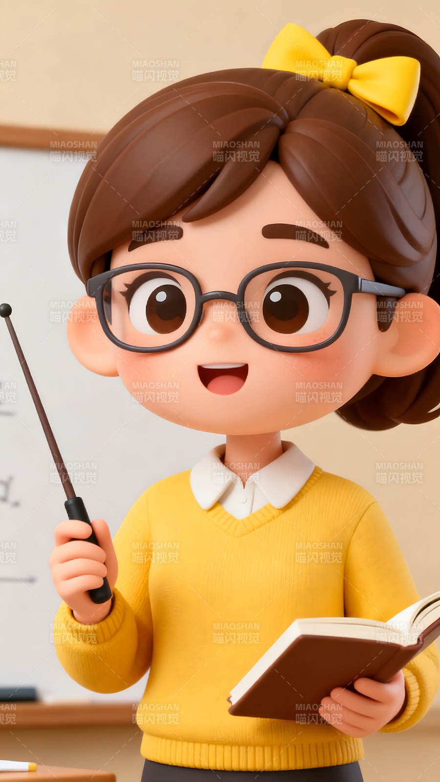 卡通老師拿著教鞭和書-圖片