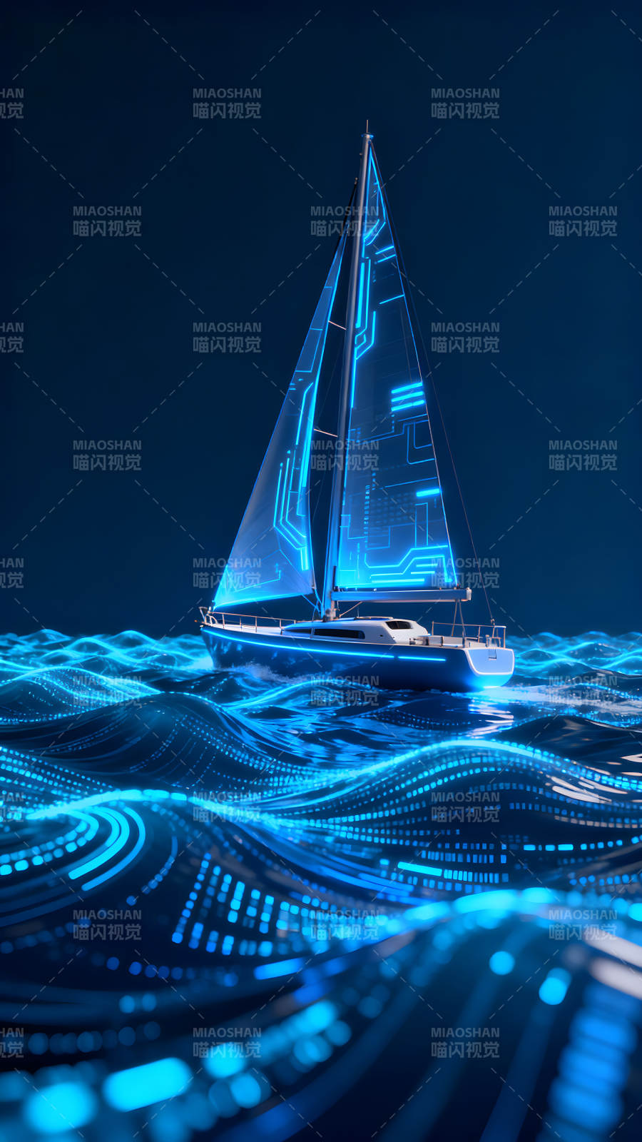 賽艇在藍色海洋中航行-圖片