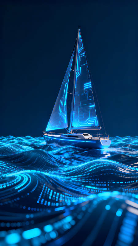 賽艇在藍色海洋中航行-圖片