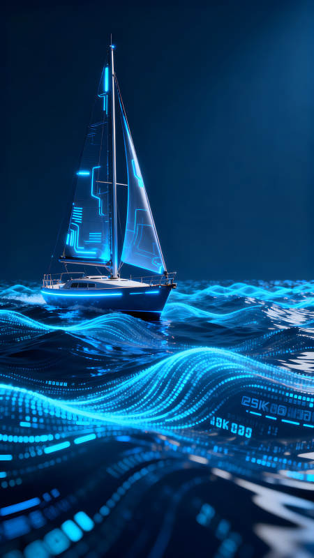 科技帆船在數字海洋中航行-圖片