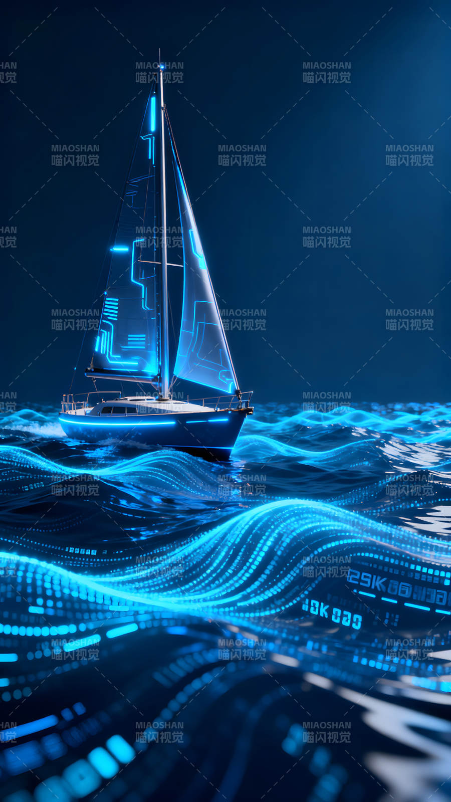 科技帆船在數字海洋中航行-圖片