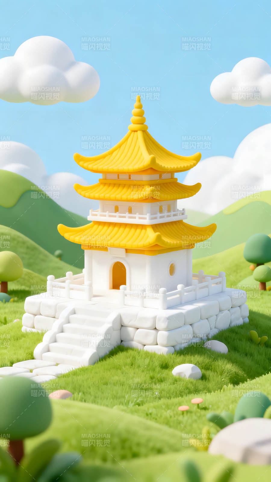 可愛日式風格小廟卡通風景-圖片