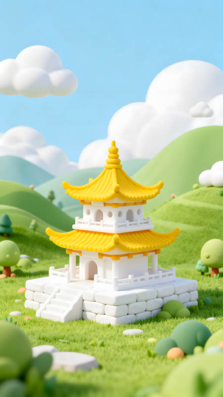 卡通風格的寺廟在綠草地上-圖片