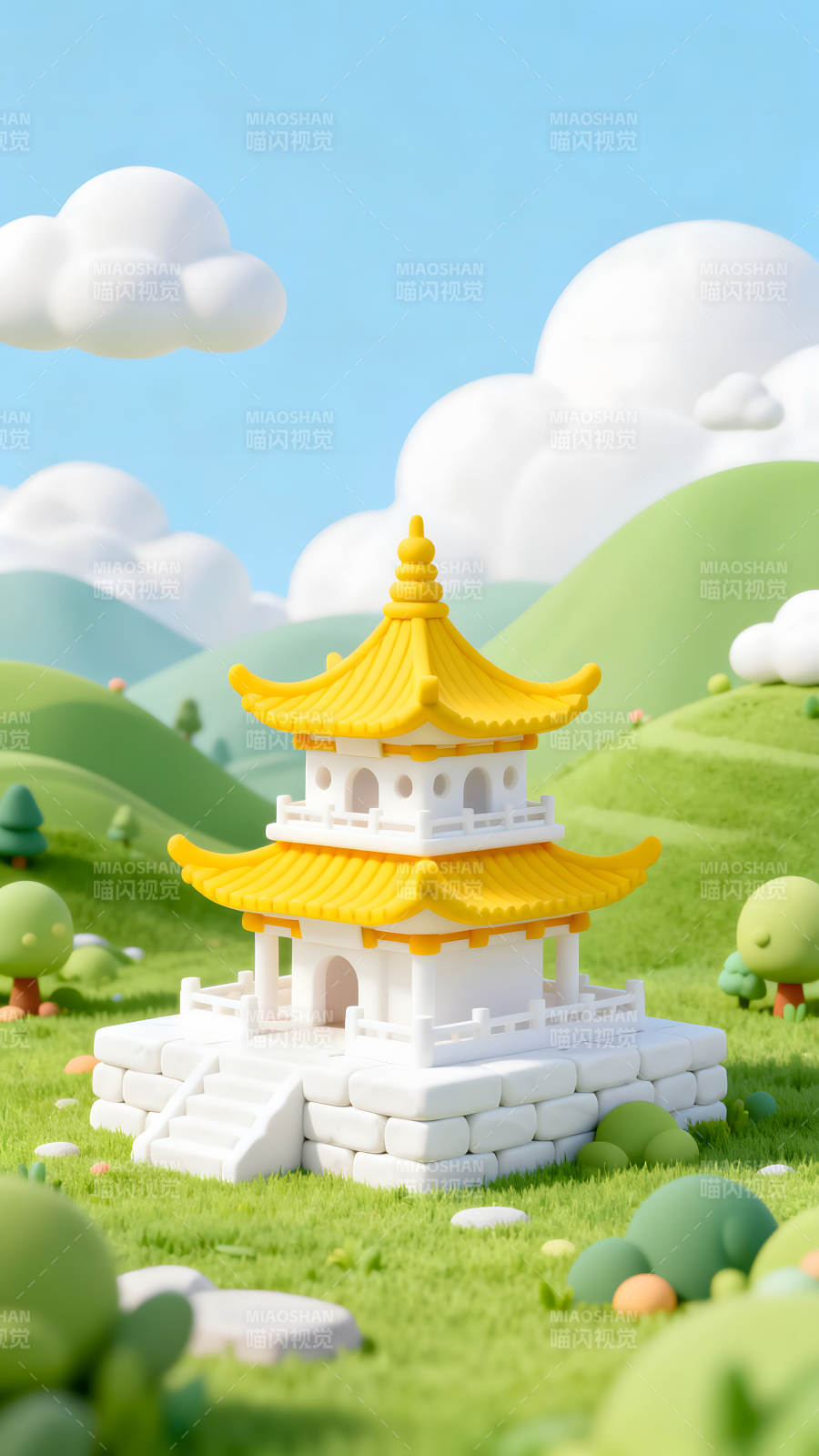 卡通风格的寺庙在绿草地上-图片