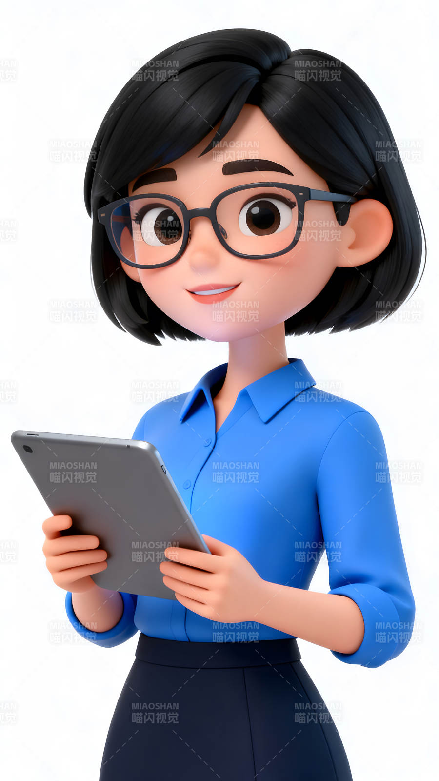 卡通女性拿着平板电脑微笑-图片