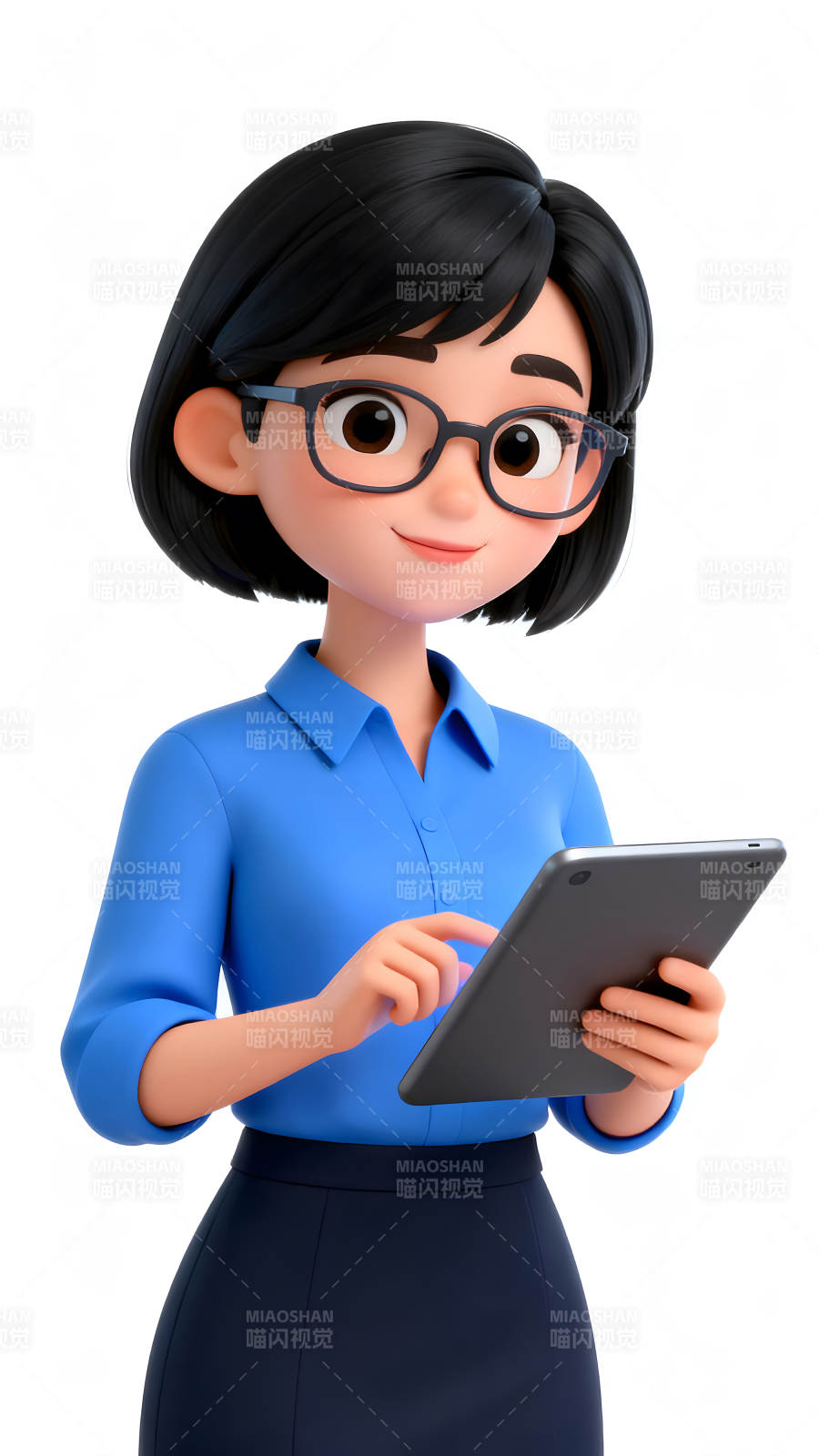 戴眼镜的卡通女性使用平板电脑-图片