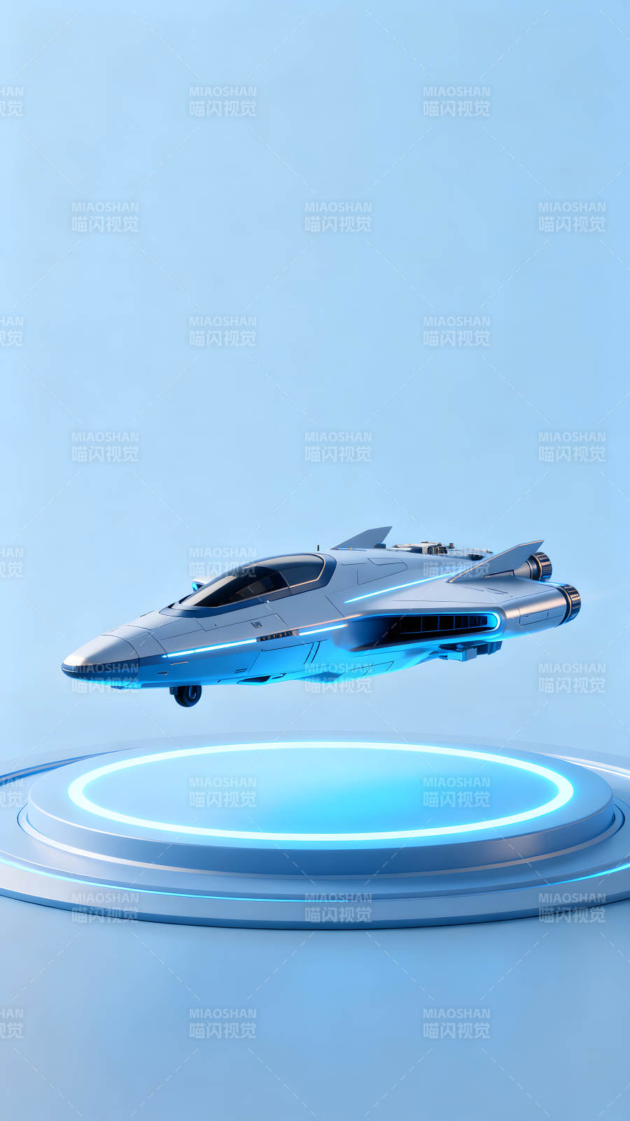 未來科技飛行器懸浮在藍色舞臺上-圖片