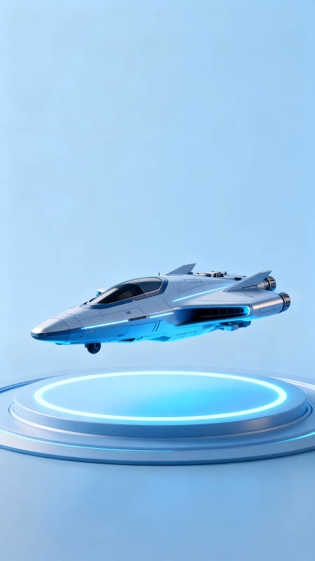 未来科技飞行器悬浮在蓝色舞台上-图片