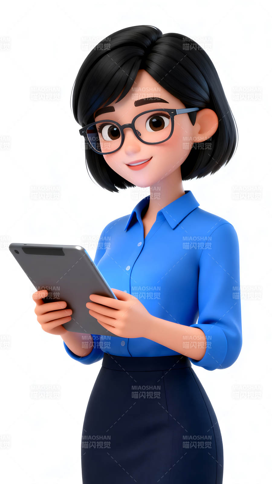 卡通女孩手持平板電腦-圖片