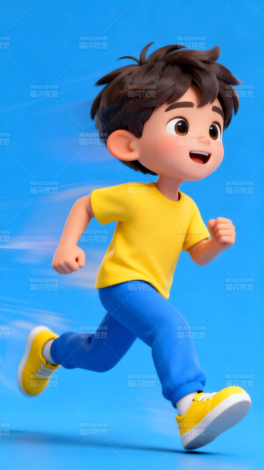 卡通男孩奔跑在藍色背景上-圖片