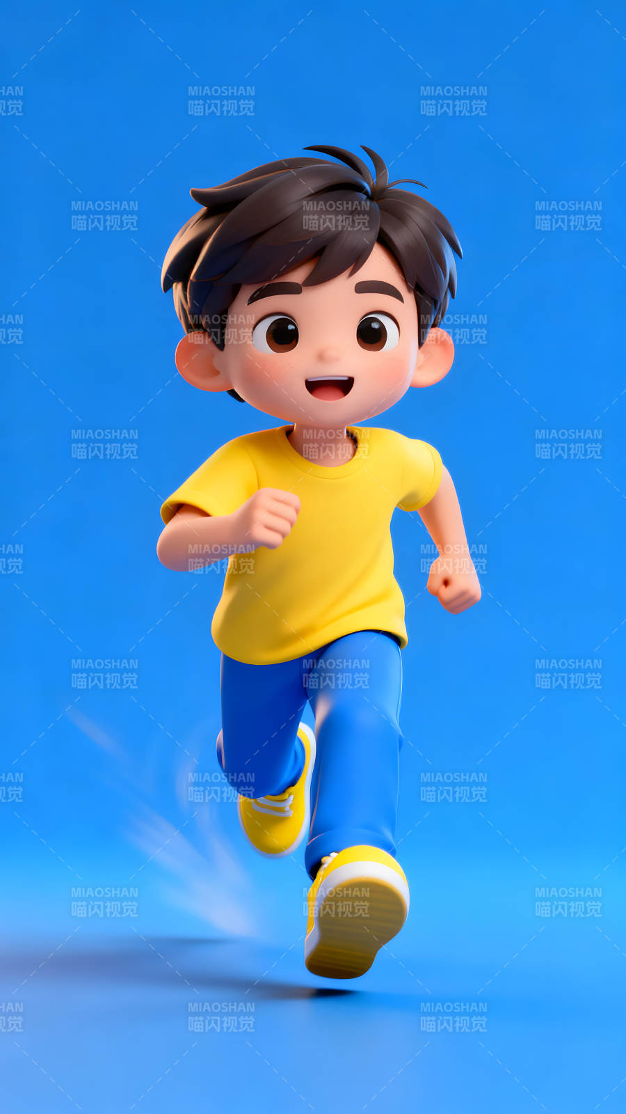 卡通男孩奔跑在蓝色背景上-图片