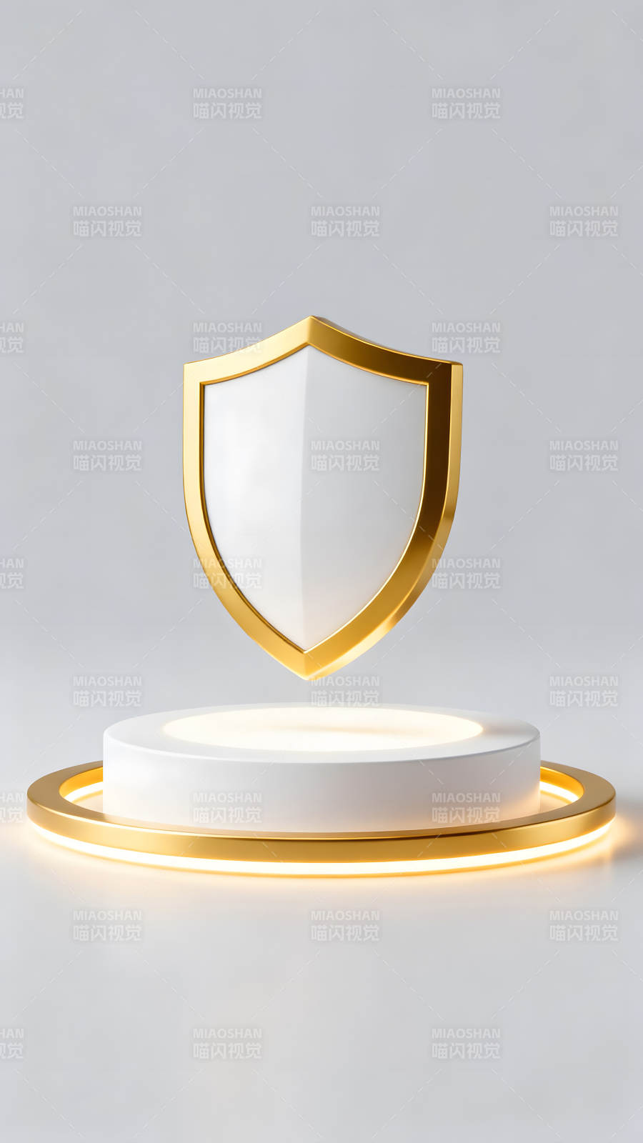 金色盾牌置于发光底座上-图片