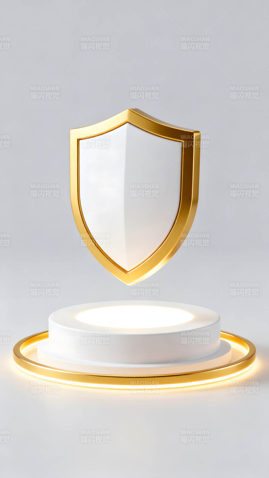 金邊盾牌置于白色底座之上-圖片