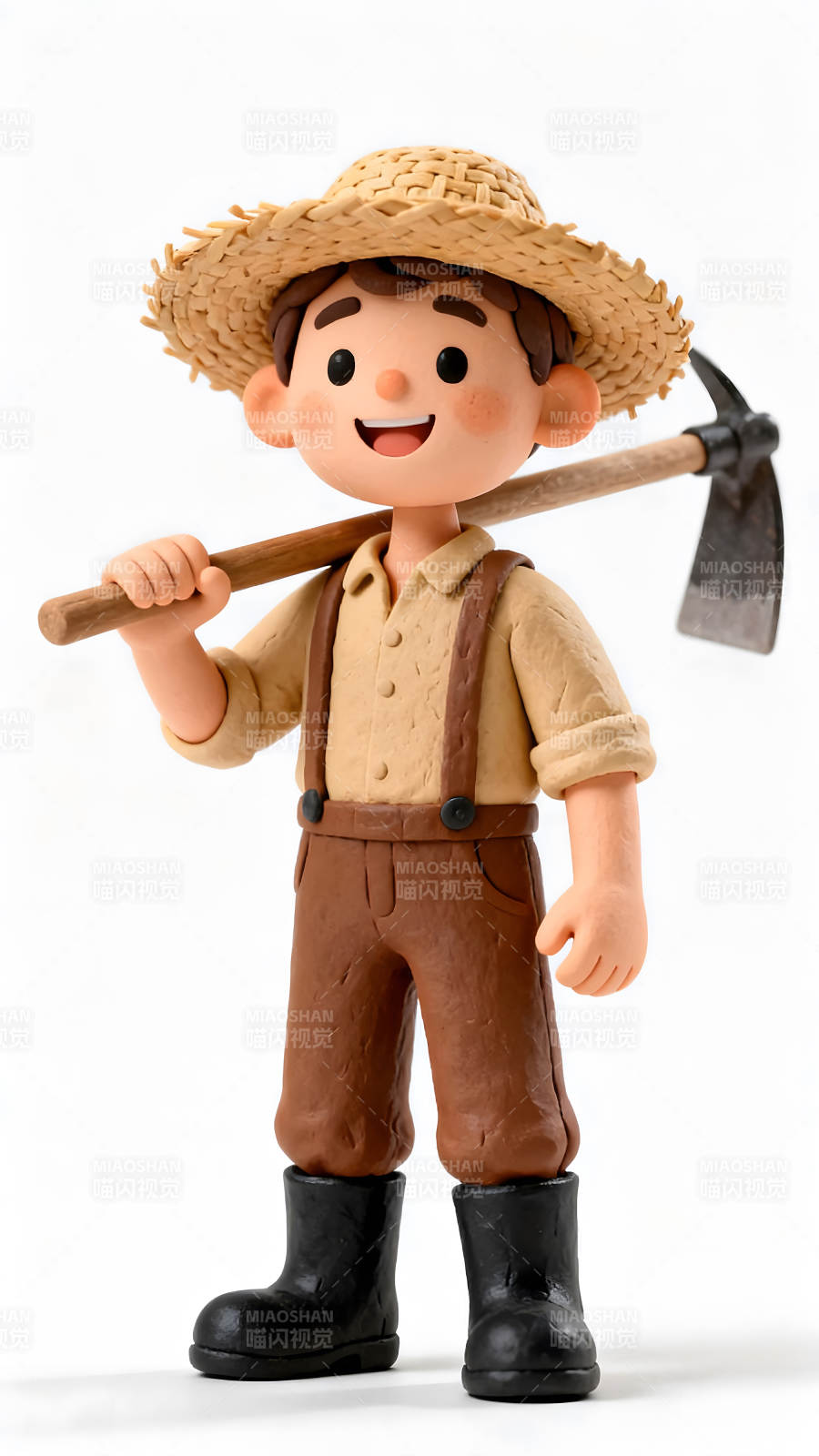 泥塑农夫卡通形象手持锄头面带微笑-图片