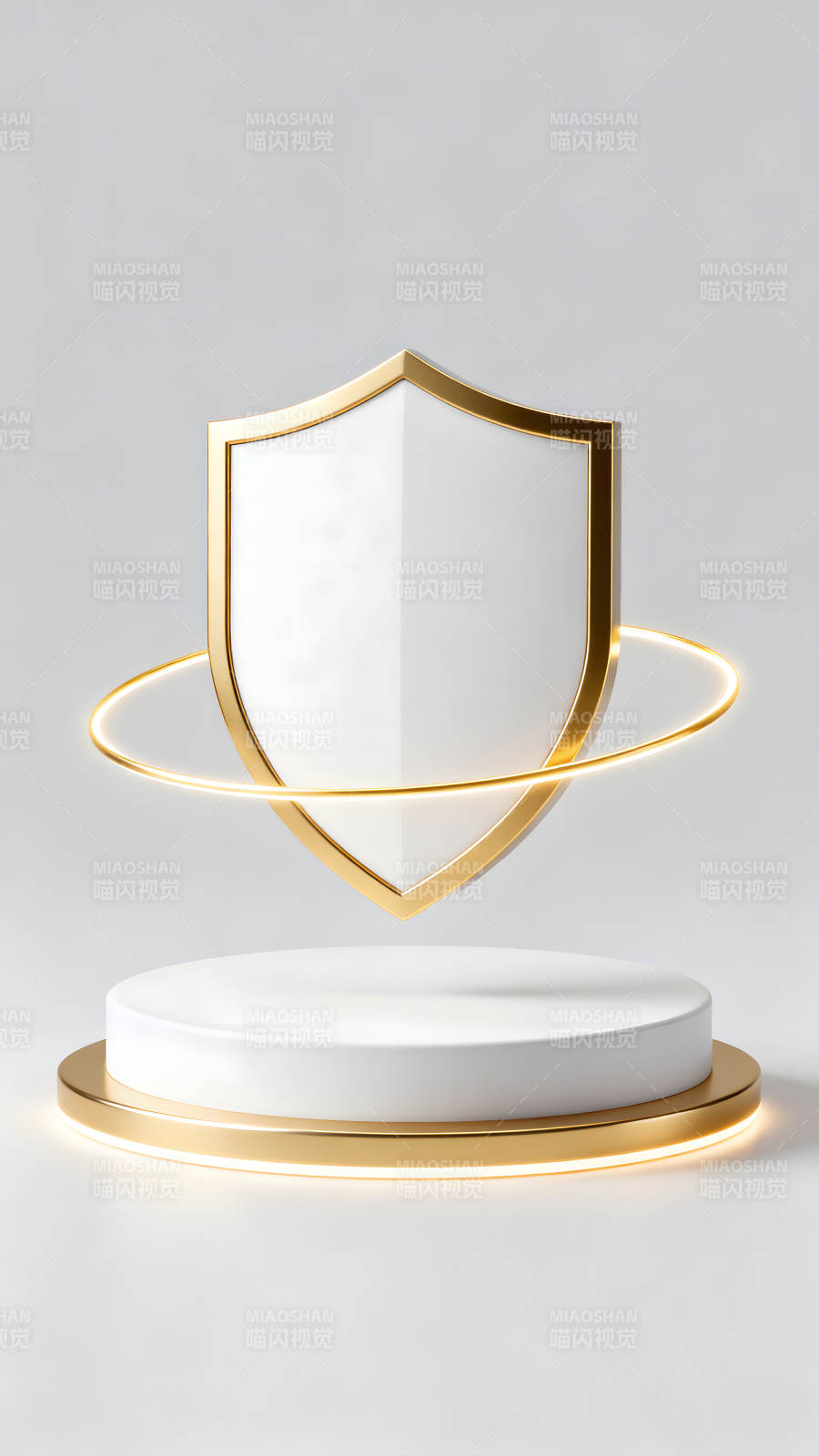 金色盾牌和白色底座的3D渲染圖圖片