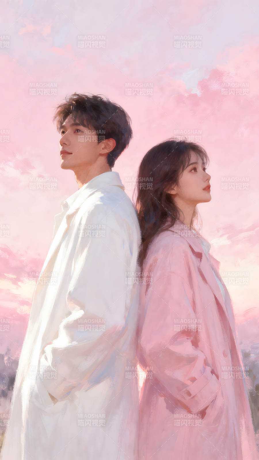 粉色天空下的情侶-圖片